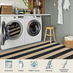 Lahome Striped Easy Jute Dining Room Rug, 6x9 Indoor Outdoor Rugs for Patio Living Room, Farmhouse Neutral Non Slip Low Pile Black Carpet for Bedroom Office Backyard Classroom