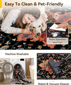 Area Rugs Square 10ft Washable Non-Slip, Floral Vintage Distress Print Pattern Medallion Carpet for Living Room Bedroom Dining Room, Black Colorful Floral Dark Tan