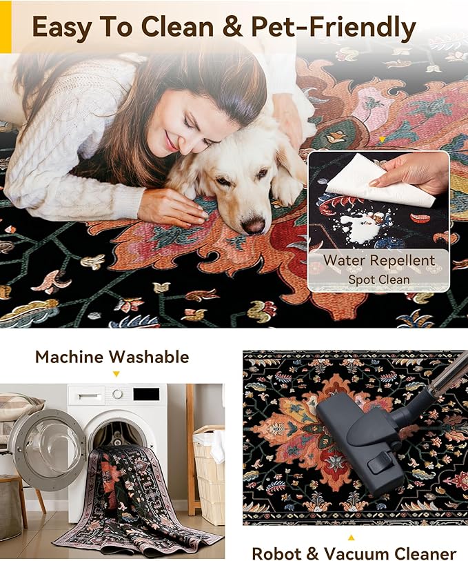 Area Rugs 2'6''x12' Washable Non-Slip, Floral Vintage Distress Print Pattern Medallion Carpet for Living Room Bedroom Dining Room, Black Colorful Floral Dark Tan