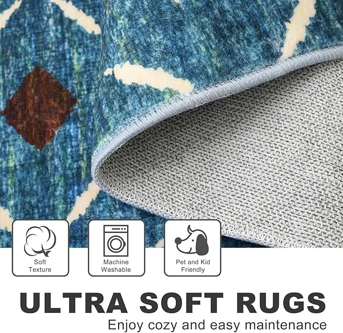KILOCOCO Living Room Rug 5x7 Area Rug Printed Boho Washable Bedroom Rugs Non Slip Soft Large Moroccan Rubber Backed Indoor Rugs for Dining Room Office Farmhouse Geometric Carpet, Teal/Blue