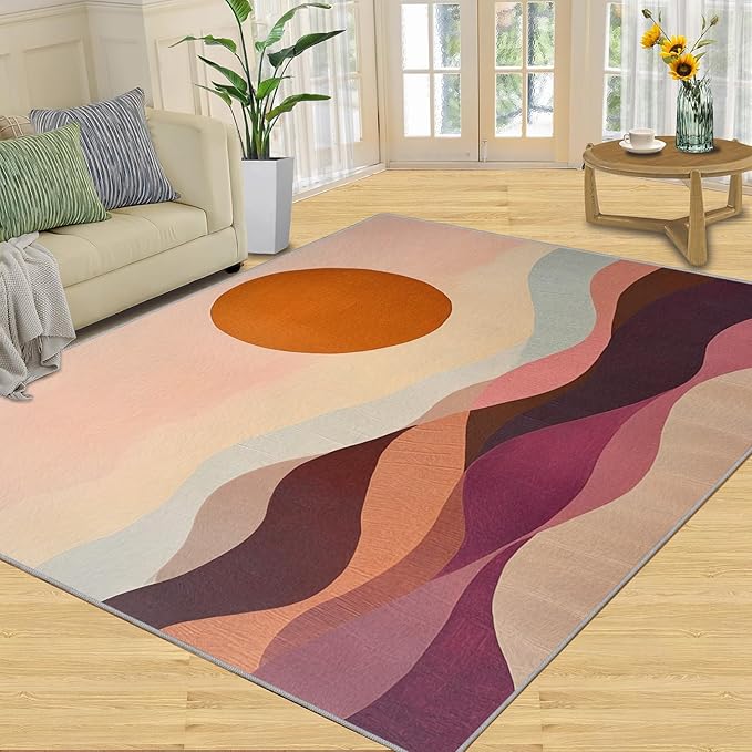 Boho Sun Area Rugs 3x4ft, Minimalist Line Kids Bedroom Rug, Geometric Solar Bedside Rug Durable Non Slip for Cafe Living Room Under Table Boys Room Decor