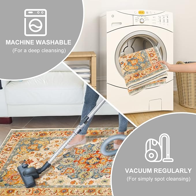 COMSLE Boho Area Rug, 3' x 5' Machine Washable Rugs for Entryway Faux Wool Large Rugs Distressed Throw Rug Non-Slip Floor Carpet for Indoor Bedroom Kitchen Living Room