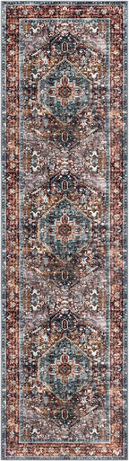 KOZYFLY Runners for Hallways 2x8 Ft Washable Kitchen Runner Rug Boho Runner Rug for Entryway Indoor Printed Oriental Faux Wool Floor Carpet Runner for Bedroom Kitchen Hall, Brick Red/Orange/Green