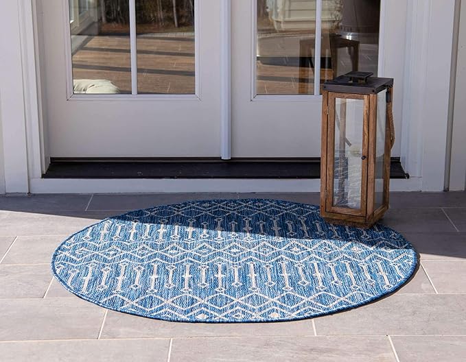 Unique Loom Outdoor Trellis Collection Area Rug - Tribal Trellis (8' Round, Blue/ Ivory)