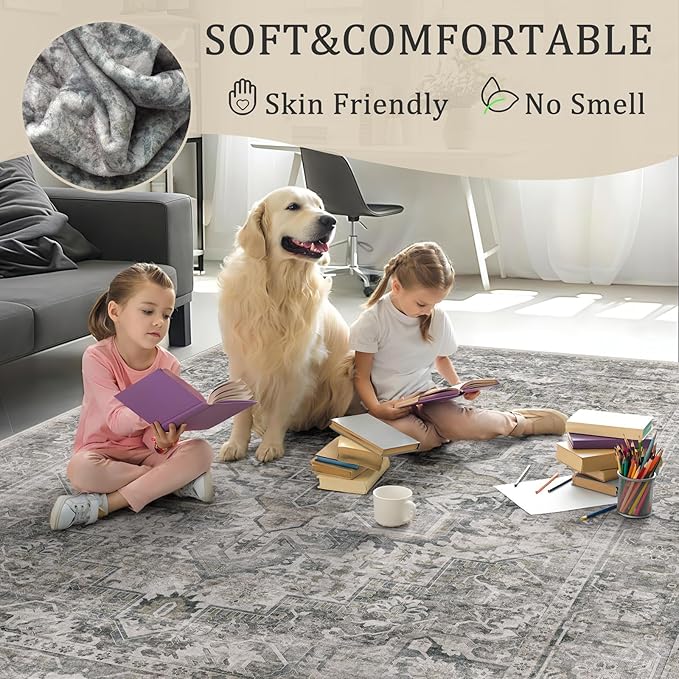 4x6 Machine Washable Area Rug for Living Room, Olive Grey Boho Vintage Floral Rug Large Non-Slip Low Pile Soft Faux Wool Carpet, Kids and Pets Friendly for Bedroom Dining Room Farmhouse Decor Rug