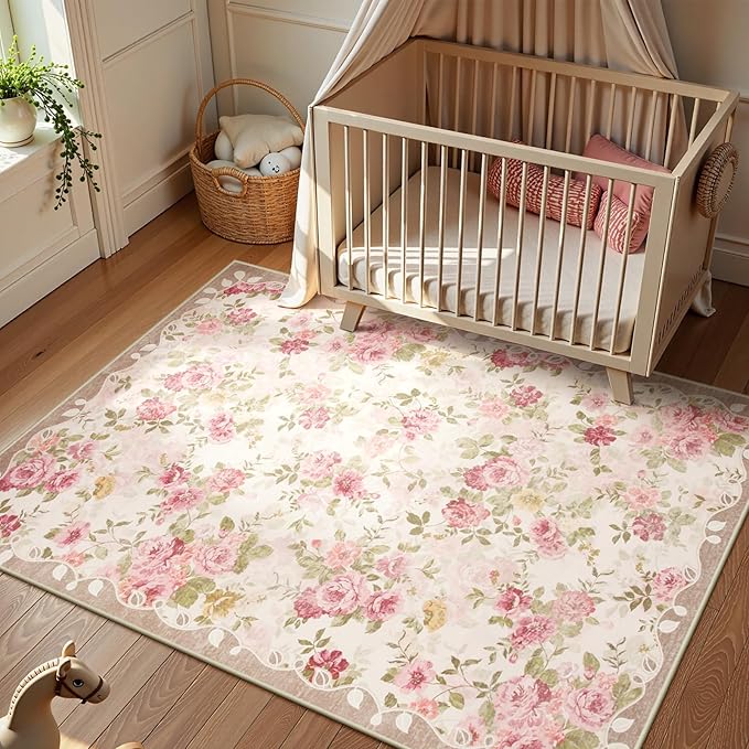 Lahome Washable Area Rug 6x9,Nursery Rug Girl Living Room Rug 6x9, Vintage Girls Rugs for Bedroom Ultra-Thin Non Slip Carpet for Playroom Dining Room Dorm (6'X9',Beige)