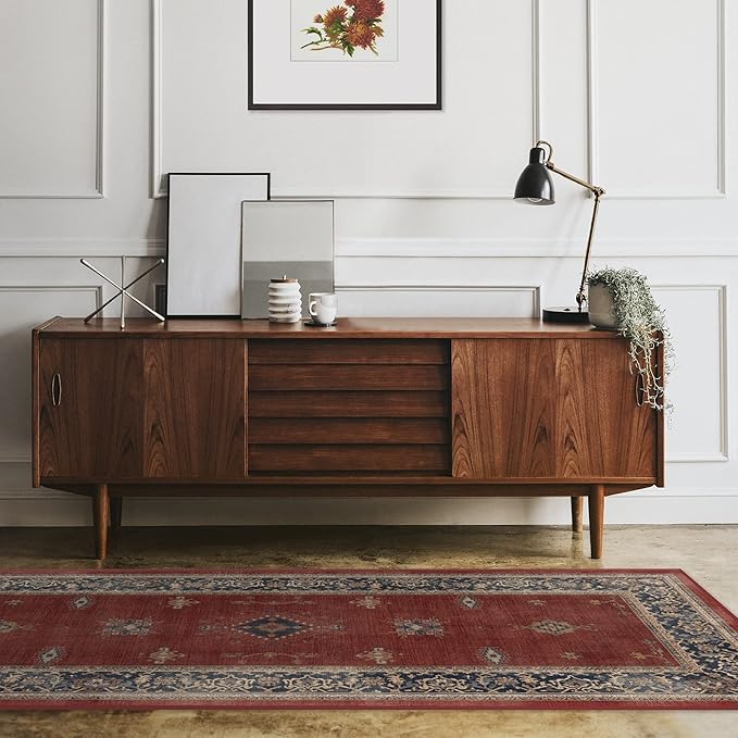RUGGABLE Washable Vintage Area Rug – Verena Amber Red 9x12, Stain-Resistant, Non-Slip – Large Machine Washable Rugs for Living Room, Bedroom, Hallway, Entryway & Office–with Cushioned Pad