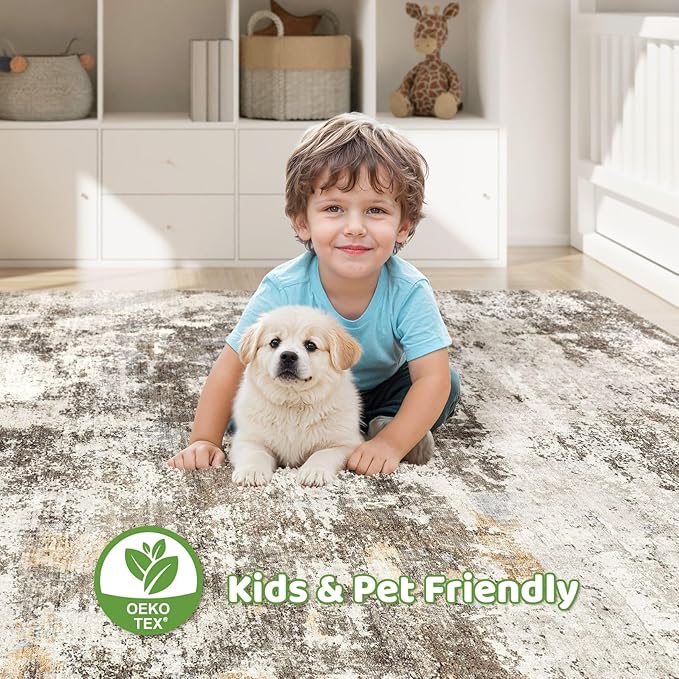 7x9 Area Rug Living Room: Washable Large Abstract Neutral Modern Soft Rugs Stain Resistant Indoor Floor Non-Slip Accent Carpet for Bedroom Nursery Playroom Dining Room Office Dorm Home- Brown Yellow