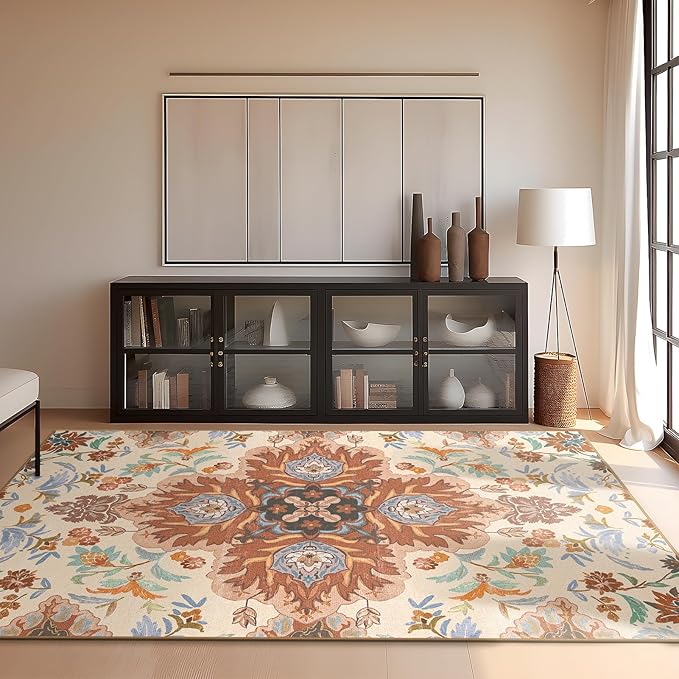 Phantoscope Washable Area Rug 6'x9' Non-Slip, Vintage Boho Rugs for Living Room, Bedroom, Dining Room, Fall Orange Floral Medallion Pattern, Low-Pile Foldable Floor Carpet, Rust/Multi Floral