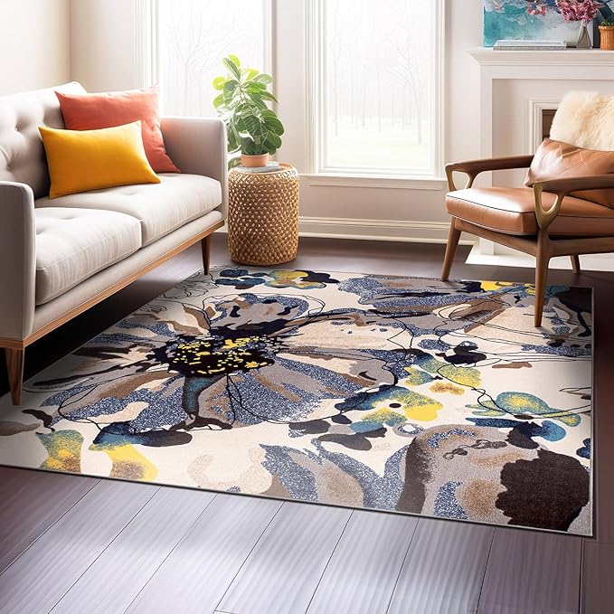 Rugshop Cream Bright Flowers Non Slip Non-Shedding Square Area Rug for Dining Room, Living Room and Bedroom, 6'6" x 6'6"