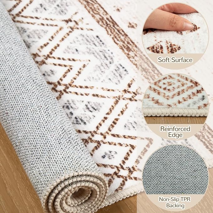 BESTSWEETIE 5x7 Area Rugs for Living Room Washable Moroccan Farmhouse Neutral Geometric Low Pile Non-Slip Soft Print Pattern Rug for Bedroom Kitchen Dining Room Entryway Cream/Brown/Pink