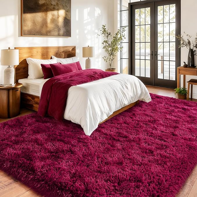 Burgundy Plush Rug for Living Room Fuzzy Carpet for Bedroom Dorm, Non-Slip High Pile Rug, Shag Rug for Playroom Nursery Home Office Decor 6X9 Ft
