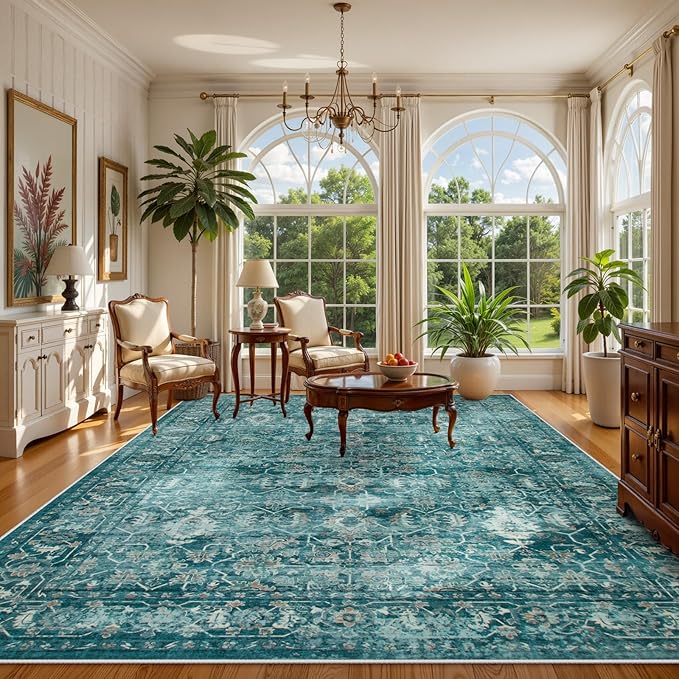Lahome Vintage 8x10 Washable Blue Rugs for Living Room Bedroom, Boho Dining Room Rugs for Under Table, Soft Non Slip Indoor Throw Carpet for Home Office Playroom (8x10ft,Blue)
