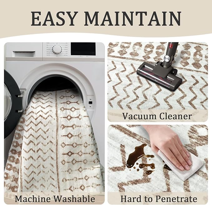 2x3 Machine Washable Area Rug for Entryway, Brown White Vintage Moroccan Rug Non-Slip Low Pile Soft Faux Wool Small Carpet, Kids and Pets Friendly for Bedroom Kitchen Hallway Home Decor Rug