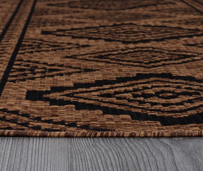 Beverly Rug Waikiki Boho Indoor Outdoor Rug 6x9, Washable Outside Carpet for Patio, Deck, Porch, Bohemian Area Rug, Farmhouse Rugs, Aztec Tribal Rug, Nut Brown and Black
