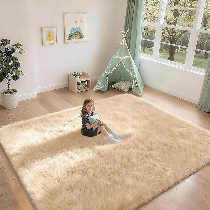 8x10 Solid Fluffy Camel Area Rug – Washable, Durable, Extra Large Living Room Rug, Non-Slip High Pile Shag Rugs for Bedroom, Playroom, Nursery Rooms, Kids Room, Soft Indoor Floor Carpet Decor