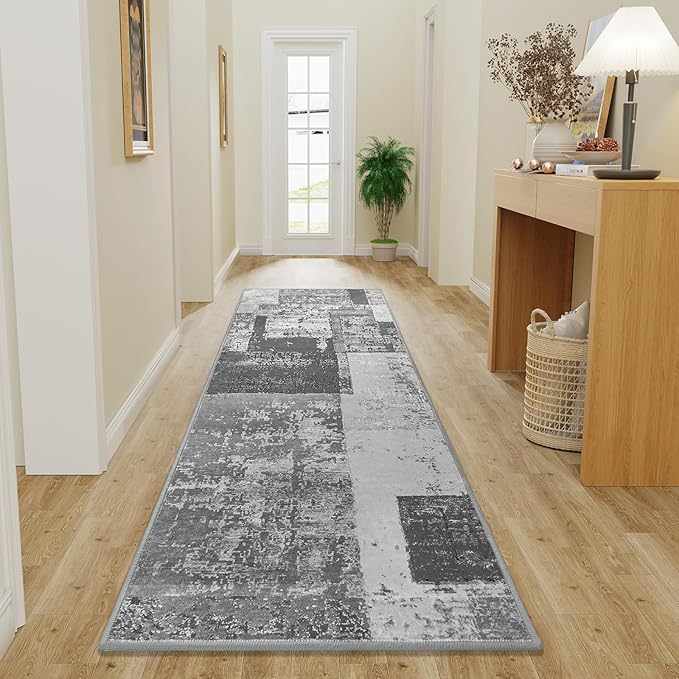 LOCHAS Washable Runner Rugs for Hallway, 2x6 Non Sip Soft Rug for Bedroom Entryway Kitchen Laundry Room, Long Abstract Carpet for Indoor Floor Bedside, Grey Geometric Vintage Decor, Pet & kid Friendly