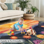 Boho Sun Area Rugs 5x8ft, Radiant Sunburst Living Room Carpet, Geometric Solar Decorative Carpet Protect Floor for Bedroom Men Office Hardwood Floors