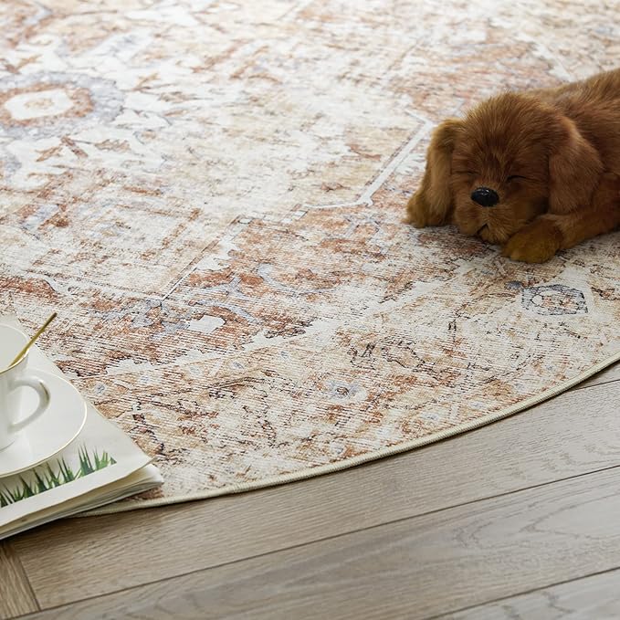 jinchan Kelda Round Rug 7ft Washable Area Rug Indoor Vintage Bedroom Floor Cover Distressed Circle Mat 7' Round Lightweight Non Slip Low Pile Thin Farmhouse Carpet for Living Room Brick Red