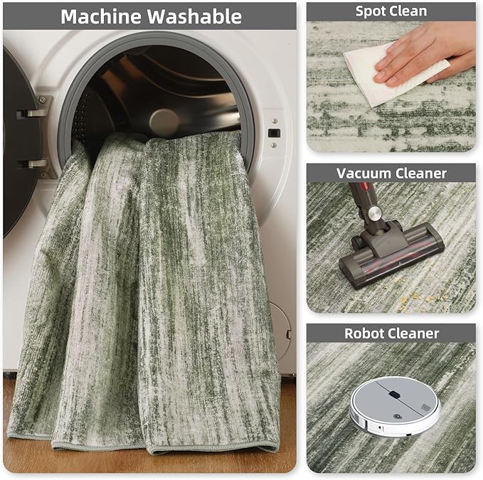 PADOOR Modern Abstract Area Rug - 8x10 Washable Rugs Non-Slip, Large Rug Ultra Soft Low Pile Rugs for Living Room Bedroom Dining Room Nursery Room Playroom Green