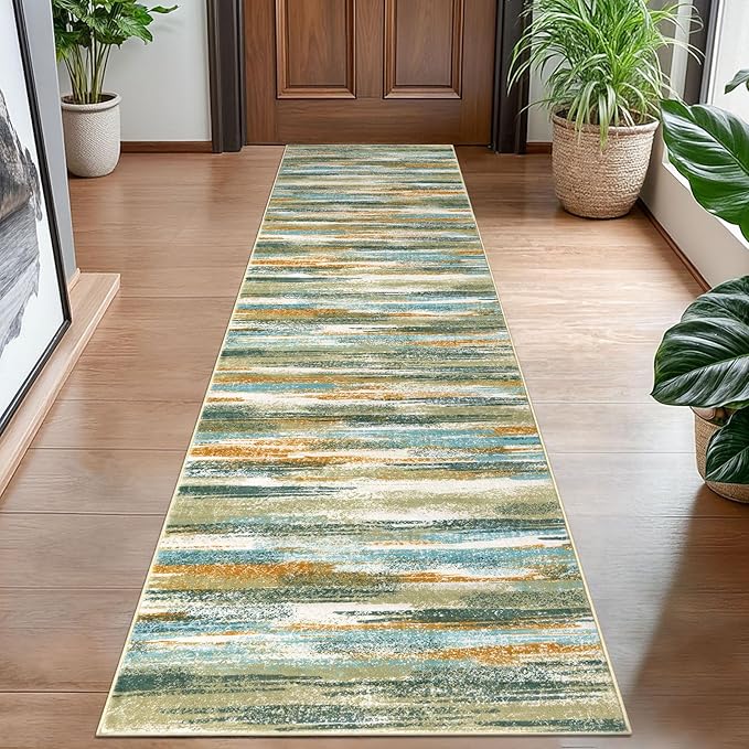 Modern Abstract Hallway Runner Rug, Green Mustard Multi Washable Kitchen Runner Non-Slip Soft 2x8 Runner Rug Thin Print Faux Wool Carpet for Entryway Bedroom Laundry Room Indoor Home Decor