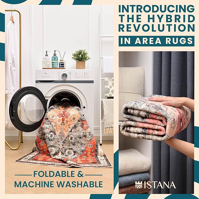 Istana 4x6 Rug - Red & Teal Area Rugs 4x6 - Kid & Pet Friendly Machine Washable Rugs - 4 x 6 Area Rug Non Slip & Non Shedding Area Rug - Foldable Rug for Room for Bedroom