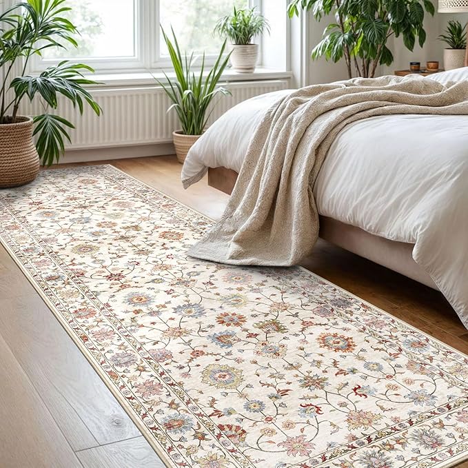 Washable Hallway Runner Rug 2.5x12ft - Long Non-Slip Cream Colorful Boho Runner Rug Low Pile Soft Vintage Bohemian Floral Runners for Hallways Kitchen Living Room Indoor Entryway Bedroom Foyer
