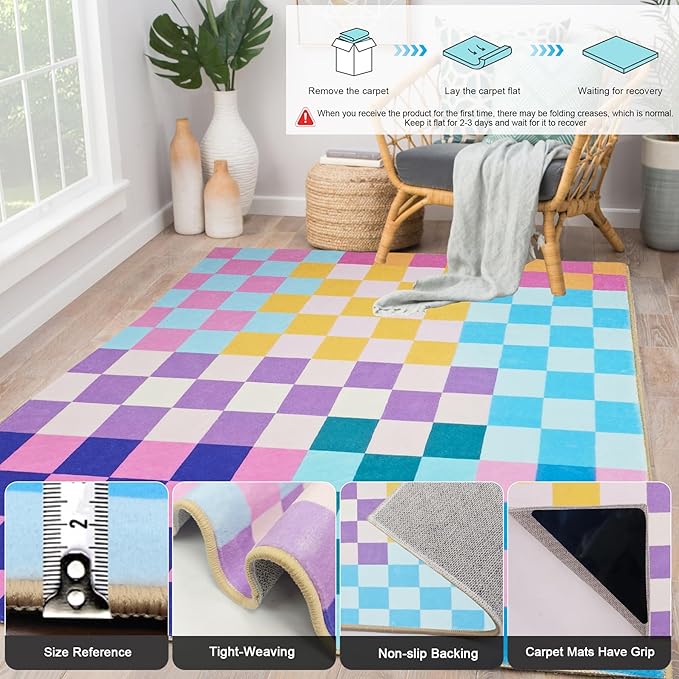 Multicolored Checkered Rug 3x5 Washable Ultra-Thin Funky Bedroom Rug Non-Slip Soft Multicolored Stain Resistant Carpet for ‎Dining Room Office