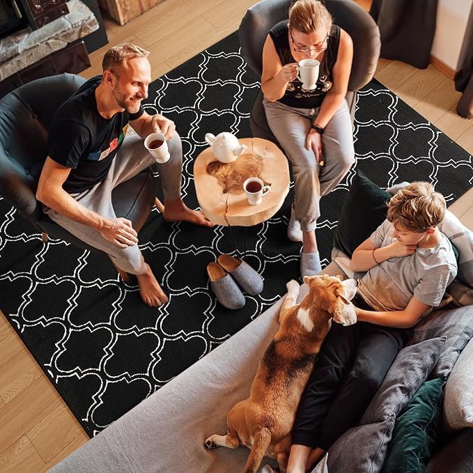 Amearea Fluffy Indoor Trellis Rug, Soft Moroccan Home Rugs for Bedroom, Shag Modern Area Rug for Living Room Kids Room Nursery, Easy Clean, Home Decor Low Pile Carpet, Black 4x6 Feet