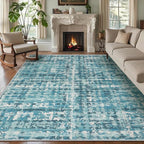8x10 Abstract Area Rugs for Living Room, Modern Teal Blue Washable Indoor Rug for Bedroom, Thin Soft Large Non-Slip Carpet for Dining Room Home Office Farmhouse Decor
