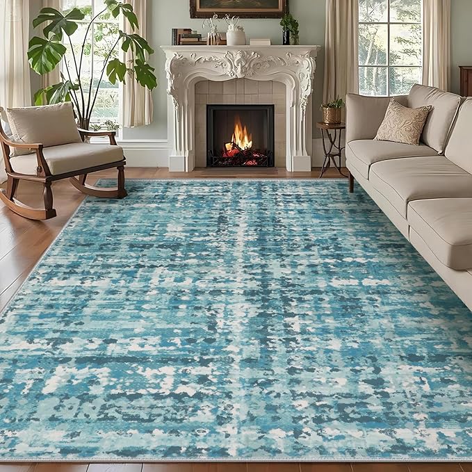 9x12 Abstract Area Rugs for Living Room, Modern Teal Blue Washable Indoor Rug for Bedroom, Thin Soft Large Non-Slip Carpet for Dining Room Home Office Farmhouse Decor