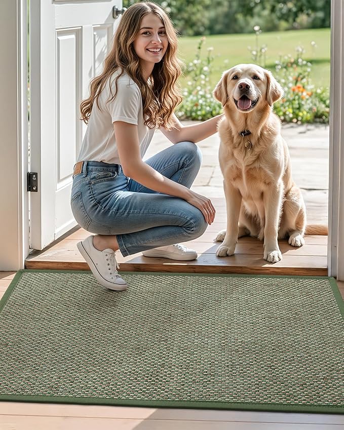 DEXI Ultra Thin Entryway Door Mat 36x56, Non Slip Rubber Backing Inside Entry Mat, Low Profile Easy Clean Dirt Trapper Doormat for Inside Entrance Patio, Green