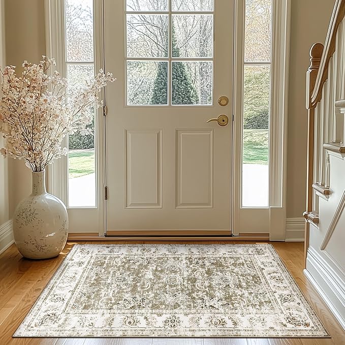 jinchan Fiora Floral 3x5 Area Rug for Entryway - Machine Washable Taupe Vintage Distressed Design Doormat Non-Slip Ultra-Thin Low Pile Boho Rug for Kitchen Living Room Bedroom Farmhouse (3'x5', Taupe)