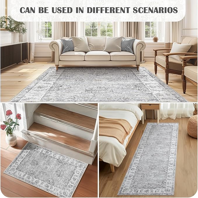 jinchan Fiora Floral 2x3 Rugs for Entryway - Vintage Washable Small Non-Slip Distressed Indoor Doormat Ultra-Thin Low-Pile Accent Rug for Entrance Kitchen Bedroom Bathroom (2x3ft, Grey)