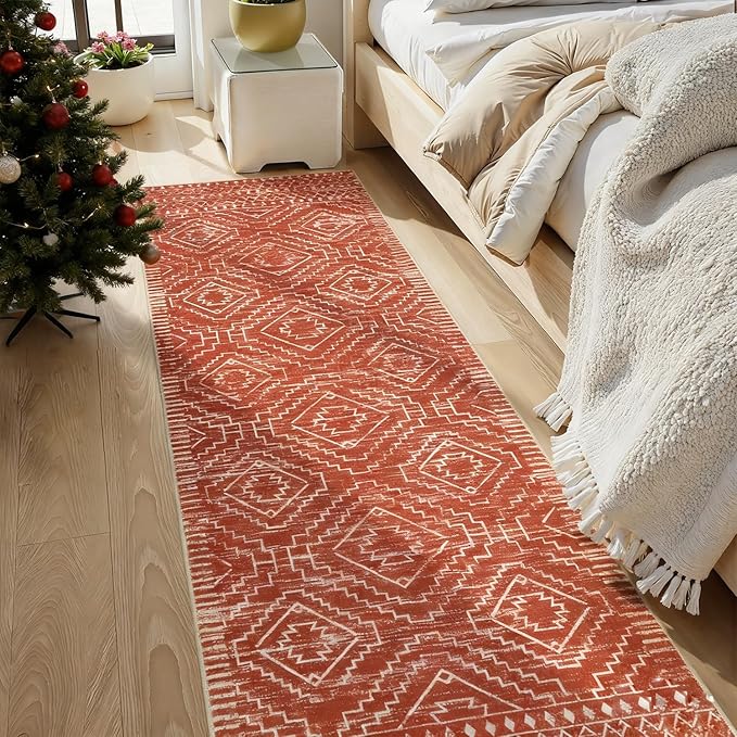 Wonnitar Moroccan Runner Rug 2x6, Washable Hallway Runner Rugs with Rubber Backing,Bohemian Geometric Kitchen Runner Non-Skid Soft Indoor Carpet for Bathroom Laundry Room (Brown,2'x6')