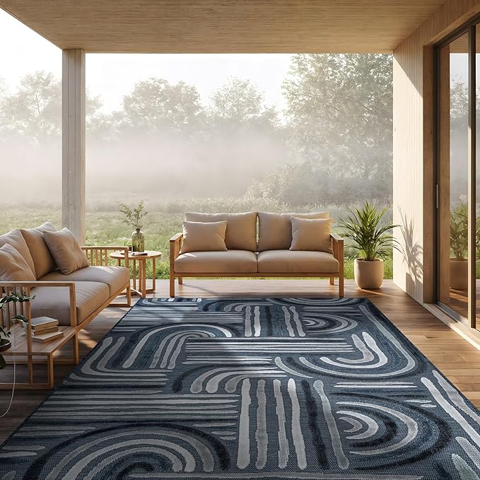CAMILSON Indoor Outdoor Rug, Navy Blue 8x10 Geometric Arch Striped Area Rugs for Patio and Home Areas, Easy-Cleaning Non-Shedding Living Room, Garden and Deck Washable Outside Carpet (8 x 10)