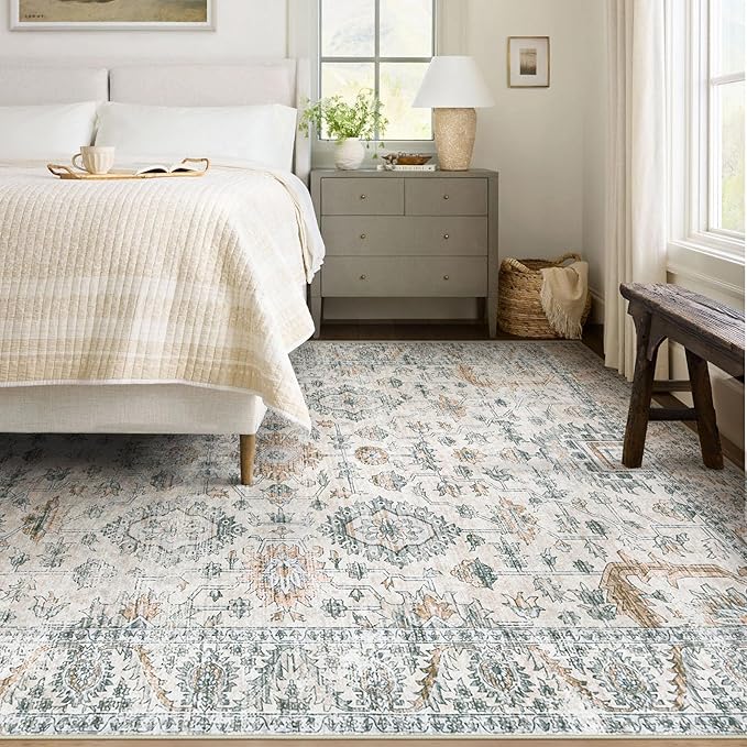 Area Rug 5x7 Living Room Rug, Machine Washable Vintage Distressed Boho Area Rug Non-Slip Soft Low Pile Large Indoor Rugs for Bedroom Kitchen Dining Room Office(Brown Green,5'x7')