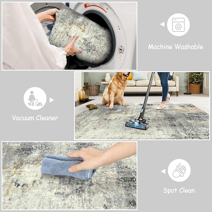 Lahome Modern Abstract Area Rug - 3x5 Gray Washable Entry Rug, Soft Non-Slip Contemporary Nursery Mat Indoor Throw Kitchen Carpet for Living Dining Bedroom Chair Decor