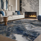 Modern Washable Rug for Living Room: Abstract 6x9 Area Rugs for Bedroom Low Pile Non Slip - Stain Resistant Carpet for Dining Room Indoor - Blue Gold