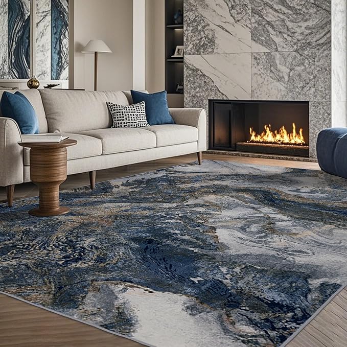 Modern Washable Rug for Living Room: Abstract 6x9 Area Rugs for Bedroom Low Pile Non Slip - Stain Resistant Carpet for Dining Room Indoor - Blue Gold