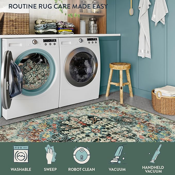 Lahome Bohemian Floral 2'8" x 8' Washable Hallway Runner Rug, Non Slip Kitchen Carpet Runners, Turkish Soft Pet Friendly Stair Mat for Bathroom Laundry Room Sunroom, Teal