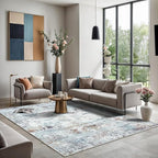 GLN Rugs Contemporary Collection - Machine Washable Area Rug, Contemporary Washable, Non Slip, Low Pile Chenille Rug, Living Room, Bedroom, Kitchen Rug (6' x 9' White/Grey/Blue/Brown)