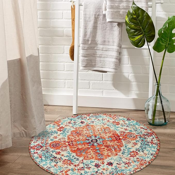 Lahome Bohemian Floral Medallion Round Rug - 3Ft Oriental Distressed Small Round Area Rug Vintage Washable Entryway Foyer Mat Non-Slip Non-Shedding Low-Pile Sofa Bathroom Carpet, Orange/Multi