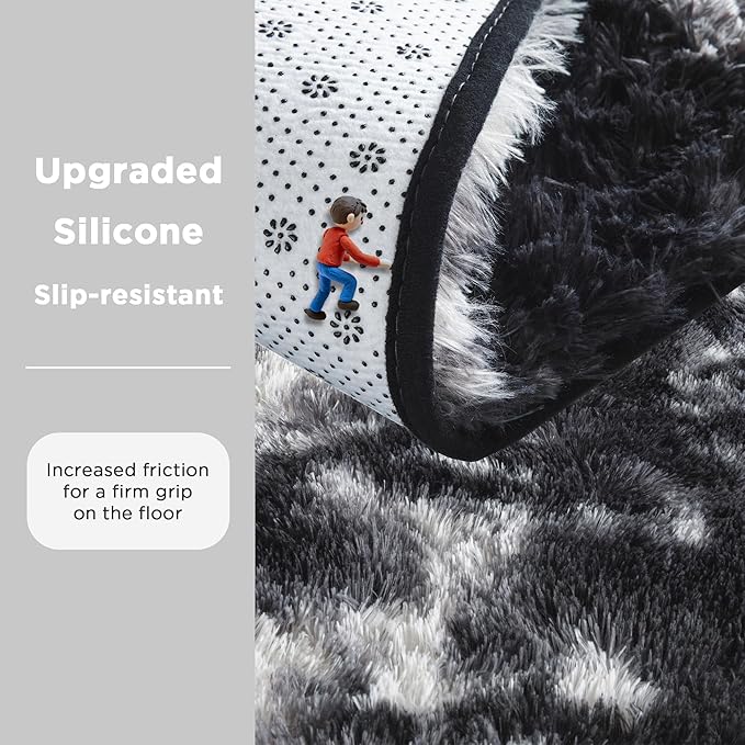 Andency Soft Area Rugs for Living Room Bedroom, 4x6 Fluffy Shaggy Bedside Rug, Non-Slip Large Shag Fuzzy Plush Carpets for Bedroom Kids Dorm Nursery Home Decor Aesthetic, Tie-Dyed White Black
