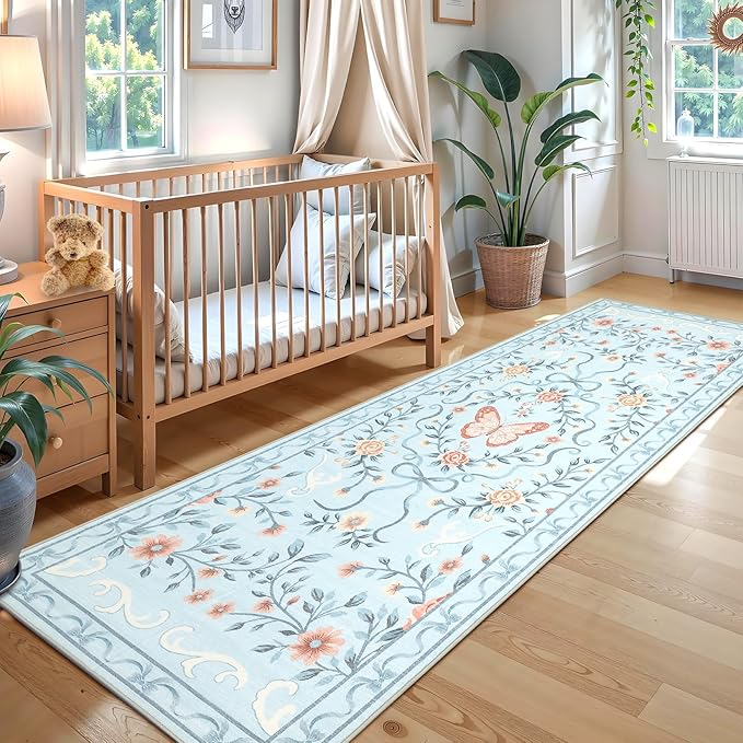 GarveeHome Washable Runner Rug 2x6 Non Slip Hallway Runners Stain Resistant Low Pile Floral Runner Rugs for Kitchen Soft Long Entryway Runner Rugs Blue Boho Throw Carpet for Bedroom Nursery, 2x6