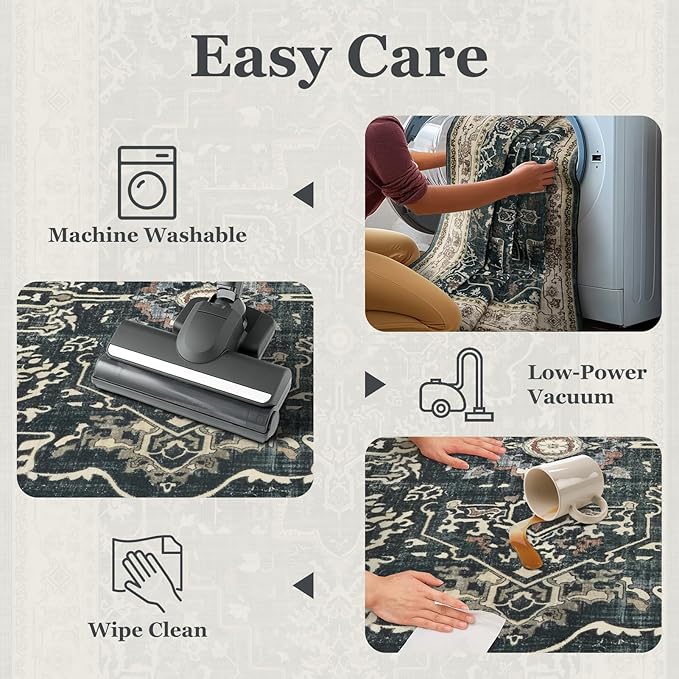 Washable Throw Rugs for Entryway, 4x6 Dark Rug with Rubber Backing for Living Room Bedroom, Vintage Medallion Distressed Area Rug for Kitchen/Bathroom/Dorm/Home Office, Midnight/Multi