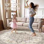 Round Rug Living Room Rugs: 4x4 Washable Boho Neutral Circle Soft Non-Slip Indoor Vintage Stain Resistant Floor Farmhouse Carpet for Bedroom Nursery Kids Playroom Entryway Dorm Home- Beige Brown