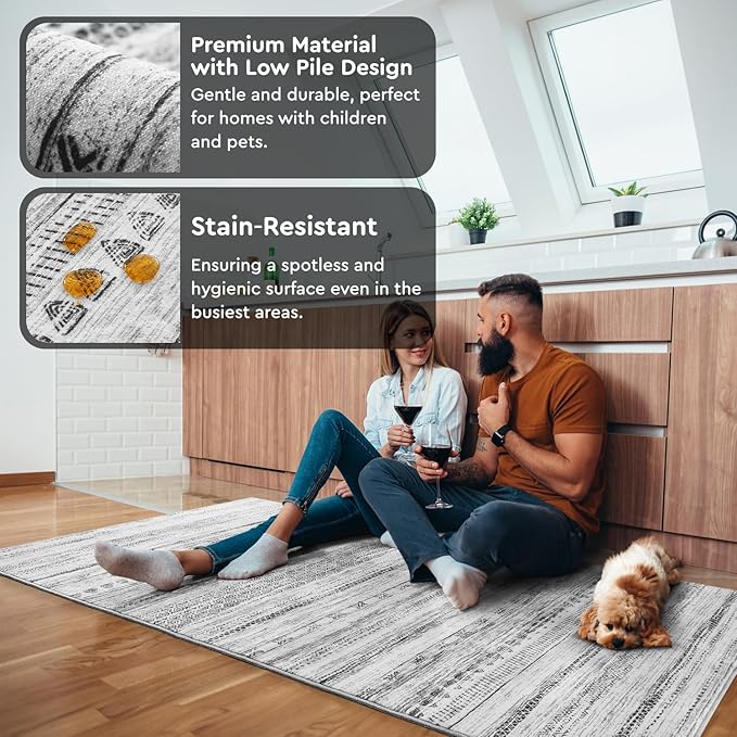 3x5 Area Rug Machine Washable Non Slip Rug Distressed Neutral Moroccan Boho Rug Ultra Soft Indoor Rugs for Bedroom Living Room Entryway Kitchen Foyer Bedside, Black