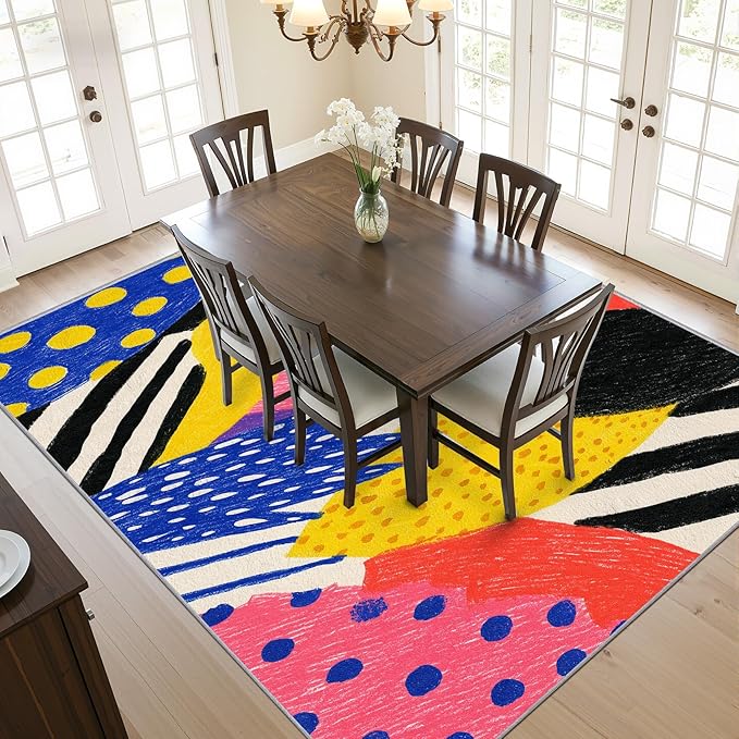 Pop Art Rugs for Living Room - Colorful Abstract Area Rugs 7x10, Hippie Aesthetic Funky High Traffic Lightweight Extra Large Carpet Home Decor #C012