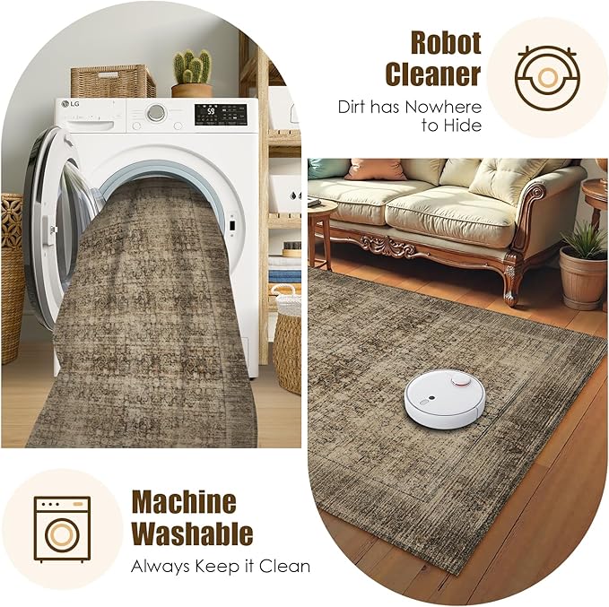 Washable Area Rug 8' x 10' Vintage Traditional Persian Mat - Foldable Distressed Non-Slip Machine Washable Carpet for Living Room Bedroom Kitchen Home Decor - Mocha and Taupe